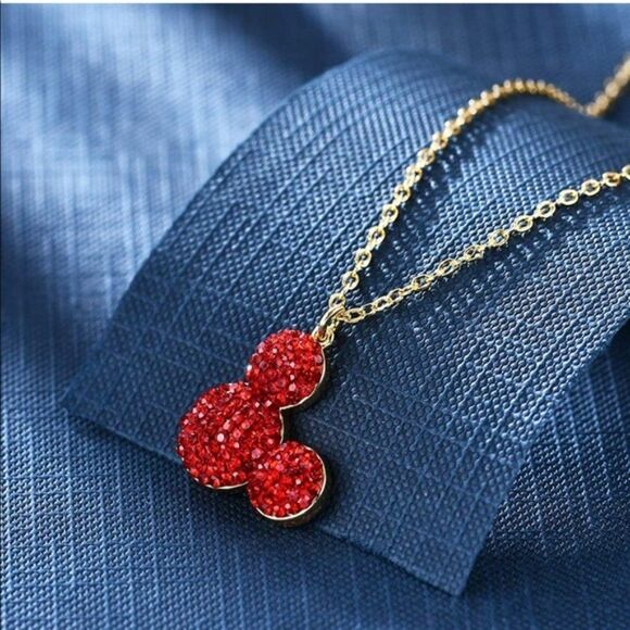 18K Yellow Gold and Ruby Red Crystal Mickey Mouse Adjustable Charm Necklace - Picture 3 of 6